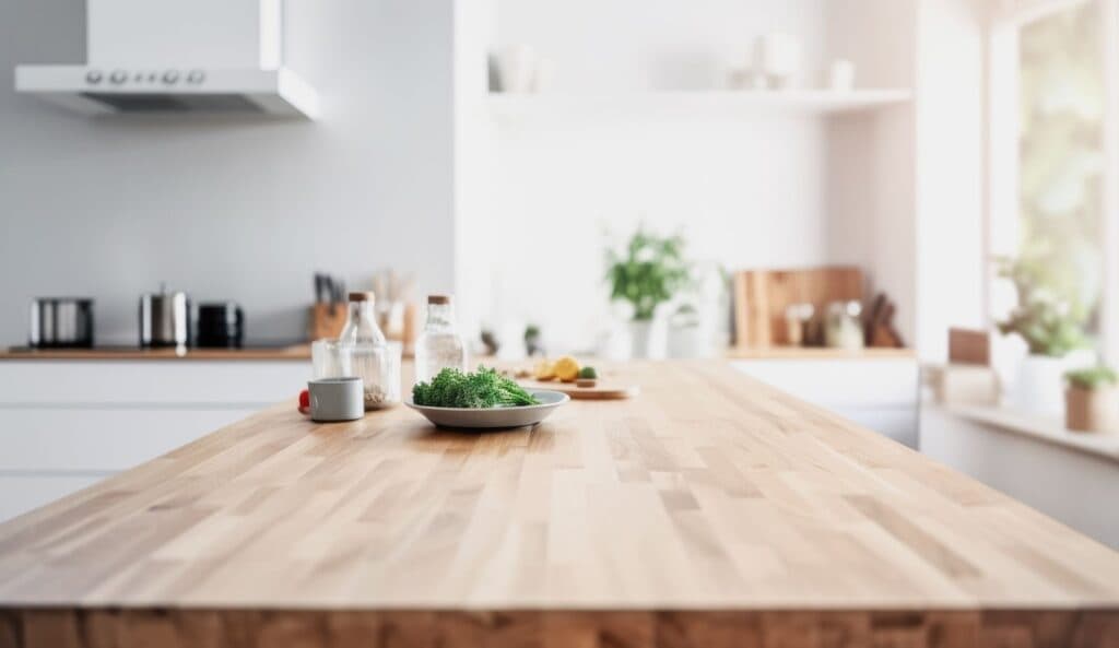 Modern bright kitchen with wooden countertop island featuring a plate of fresh green herbs, glass bottles, and natural sunlight illuminating the clean minimalist interior.