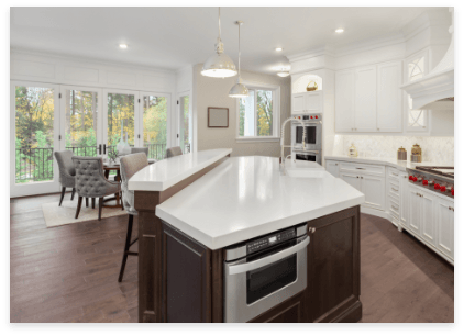 A modern kitchen featuring a spacious island and elegant white cabinets, creating a bright and inviting atmosphere.