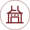 Red house icon with chimney outlined in a red circle on a black background. The simple design gives a modern and minimalist feel.