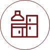 Red kitchen icon on a black background, depicting a stove hood, cabinets, and a fridge. The style is minimalist, conveying a modern feel.
