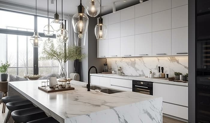 Stylish kitchen with luxurious marble countertops and white cabinetry, designed by Intermountain Stone and Marble.