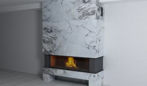 Modern marble fireplace with a clean, sleek design, featuring a warm fire. The marble's gray and white veining adds an elegant touch to the room.