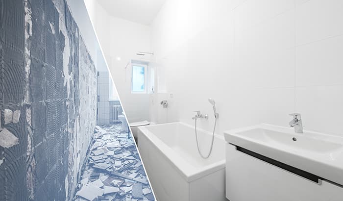 Split image showing a bathroom renovation. Left: a demolished, debris-covered space. Right: a pristine, modern white bathroom, conveying transformation.