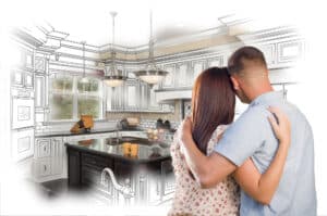 A couple embraces, envisioning a kitchen that transitions from a sketch to a realistic design. The scene conveys creativity and future planning.