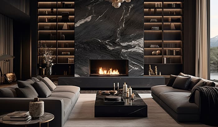 A modern living room with black walls and a fireplace inside the house.