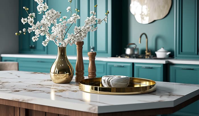 A modern kitchen featuring turquoise cabinets complemented by elegant gold accents, designed by Intermountain Stone and Marble.