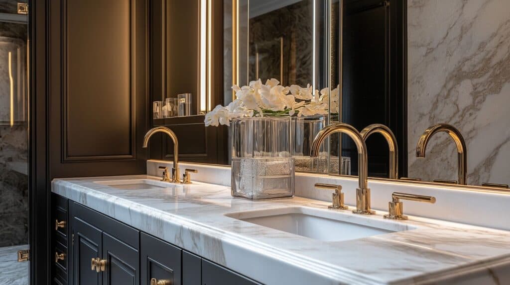 A luxurious bathroom with a marble countertop, double sinks, gold faucets, and white flowers in a glass vase.
