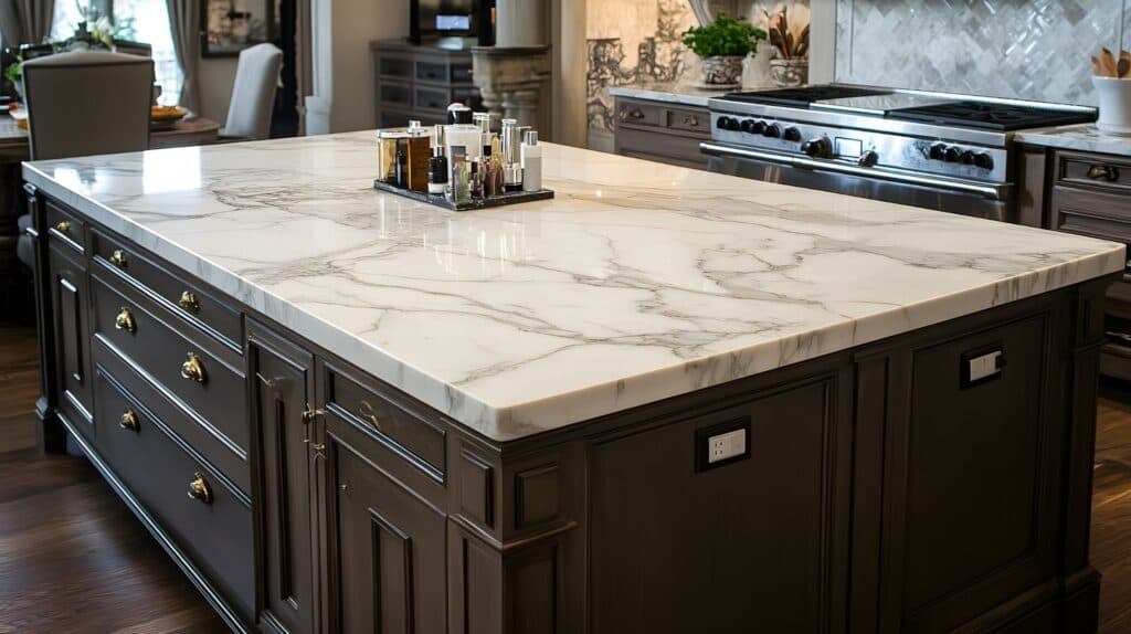 A stylish kitchen island with a marble countertop, dark cabinets, and modern appliances.