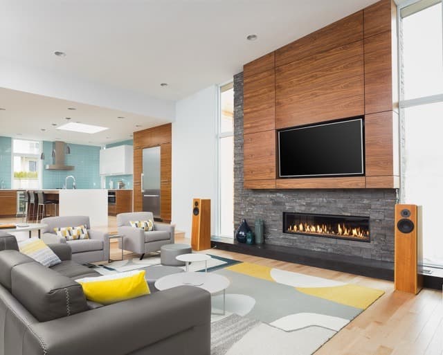 Modern living room with fireplace TV and seating
