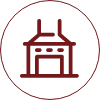 Red house icon with chimney outlined in a red circle on a black background. The simple design gives a modern and minimalist feel.