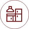 Red kitchen icon on a black background, depicting a stove hood, cabinets, and a fridge. The style is minimalist, conveying a modern feel.