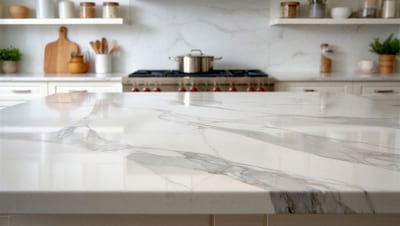 Spacious white marble kitchen island with grey veining in a modern kitchen featuring a stainless steel gas range and open shelving.
