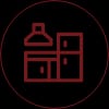 Red kitchen icon on a black background, depicting a stove hood, cabinets, and a fridge. The style is minimalist, conveying a modern feel.
