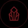 A red geometric abstract design resembling a stylized crown or crystal structure, set in a black circle, conveying a modern, minimalist aesthetic.
